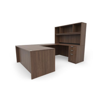 Brown U-Shaped desk with hutch